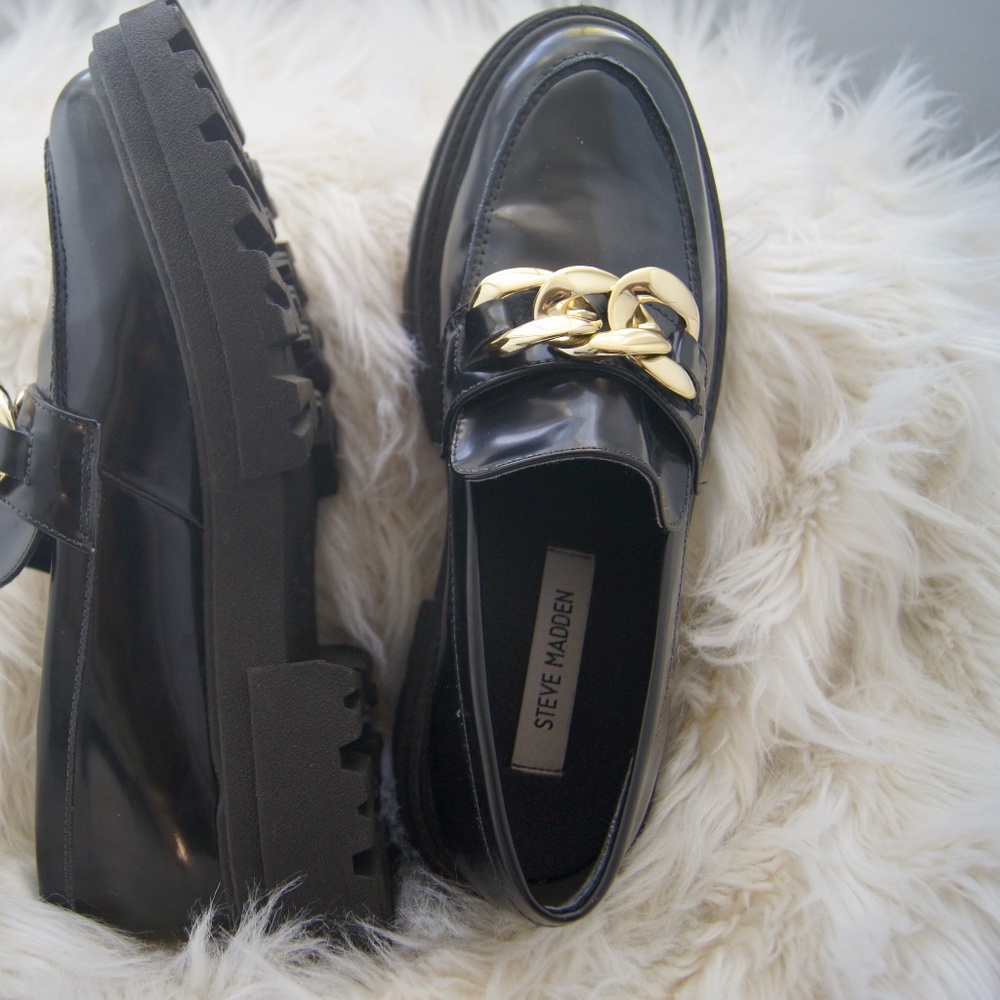 Steve Madden Women's Shoes Size 8.5 Black Loafers Lugged Platform Made in Brazil